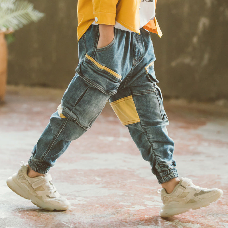 Pantalone tuta cargo denim con inserti gialli e elastico alle caviglie per bambini - Aspie Shop