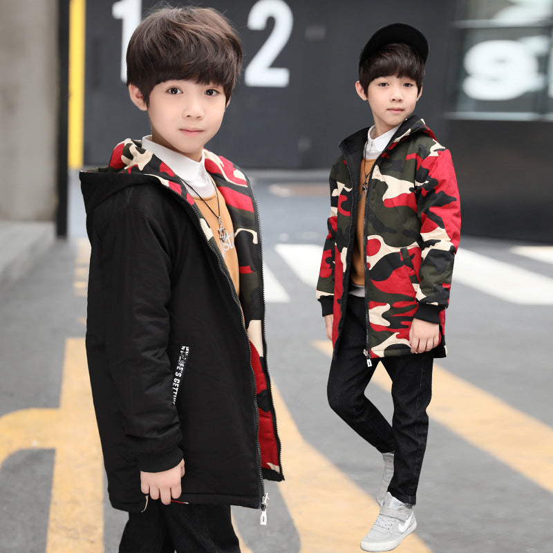 Giacca a vento lungo imbottito reversibile camouflage e nero per bambini e ragazzi in stile koreano adhd aspie shop asperger autismo dsa