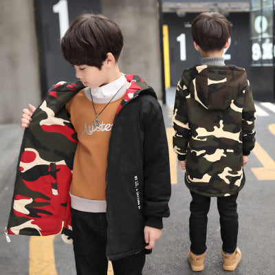 Giacca a vento lungo imbottito reversibile camouflage e nero per bambini e ragazzi in stile koreano adhd aspie shop asperger autismo dsa