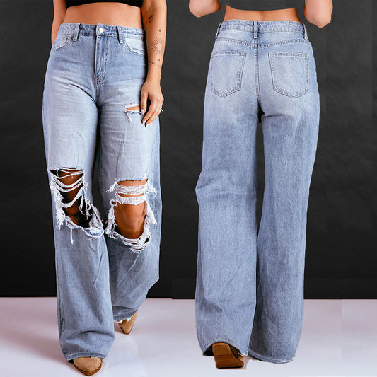 Jeans pantaloni dritti larghi con strappi effetto lavato a vita alta da donna aspie shop neurodivergenti neurodivergenza ADHD autism dyspraxia dyslexia spectrum neurodiversity neurodiverse conditions Tourette down dyscalculia Irlen autisme dyspraxie spectre dyslexie neurodiversité affections dyscalculie neurodivergents syndrome Asperger moda donna uomo bambino abbigliamento accessori mode femmes hommes enfants vêtements accessoires fashion women men children clothing accessories