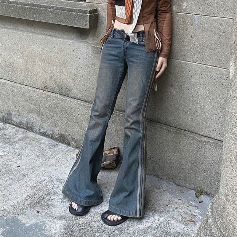 Jeans donna high street slim flared a zampa con righe laterali in stile vintage - Aspie Shop