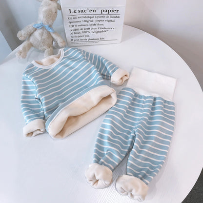 Thermo-Winterunterwäsche-Pyjama-Set bestehend aus zwei Teilen mit hoch tailliertem Hemd und Hose für Babys und Kinder