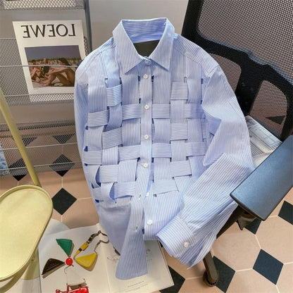 Camicia pattern intrecciato a maniche lunghe di design Harajuku style per uomo e donna