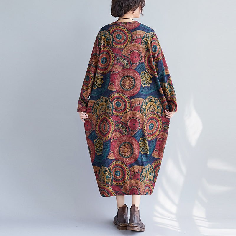 Abito ampio oversize a maniche lunghe con stampa tibetana retrò - Aspie Shop