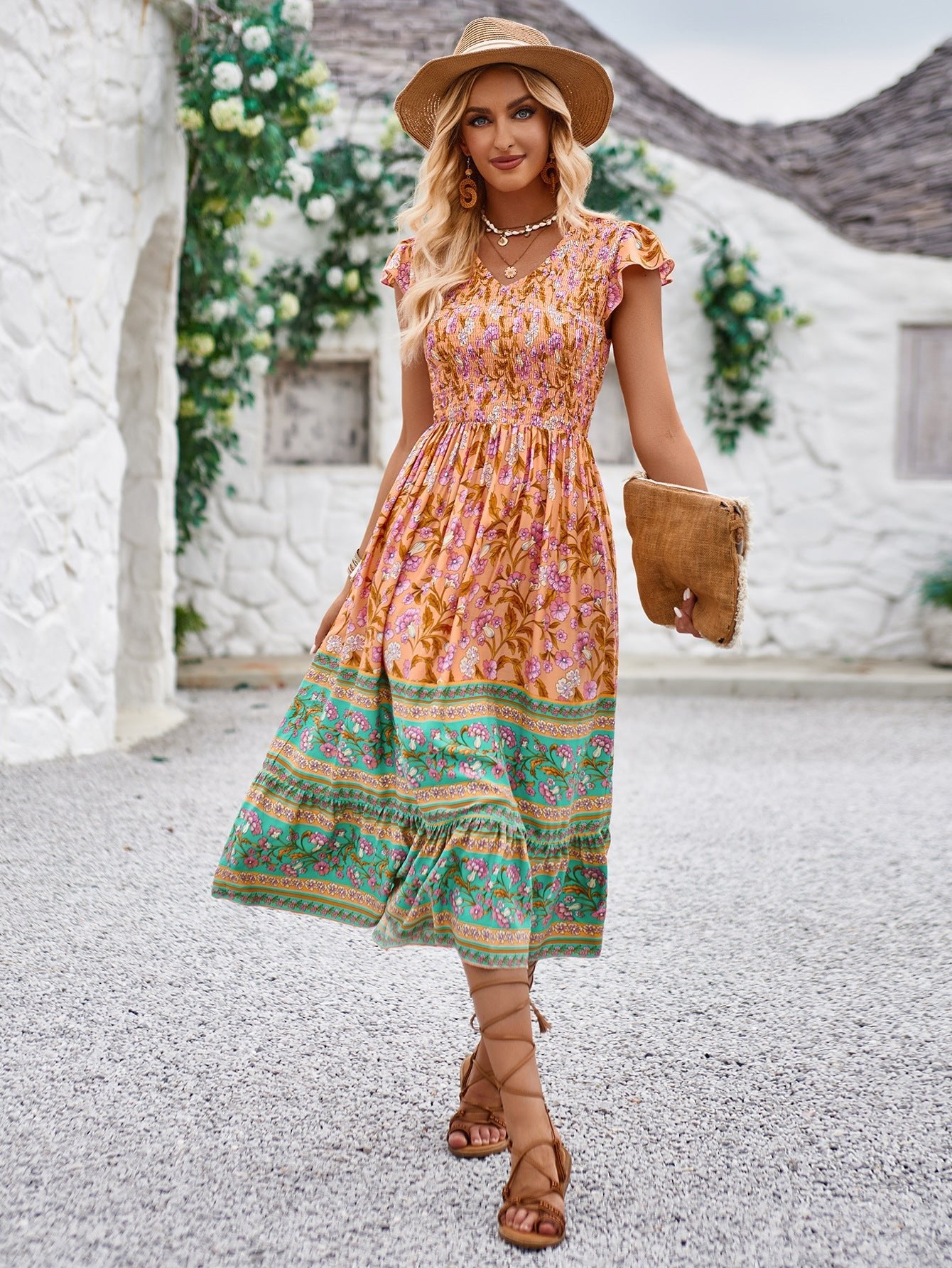 Abito boho chic con scollo a V e stampa floreale da donna - Aspie Shop