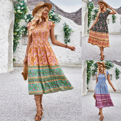 Abito boho chic con scollo a V e stampa floreale da donna - Aspie Shop