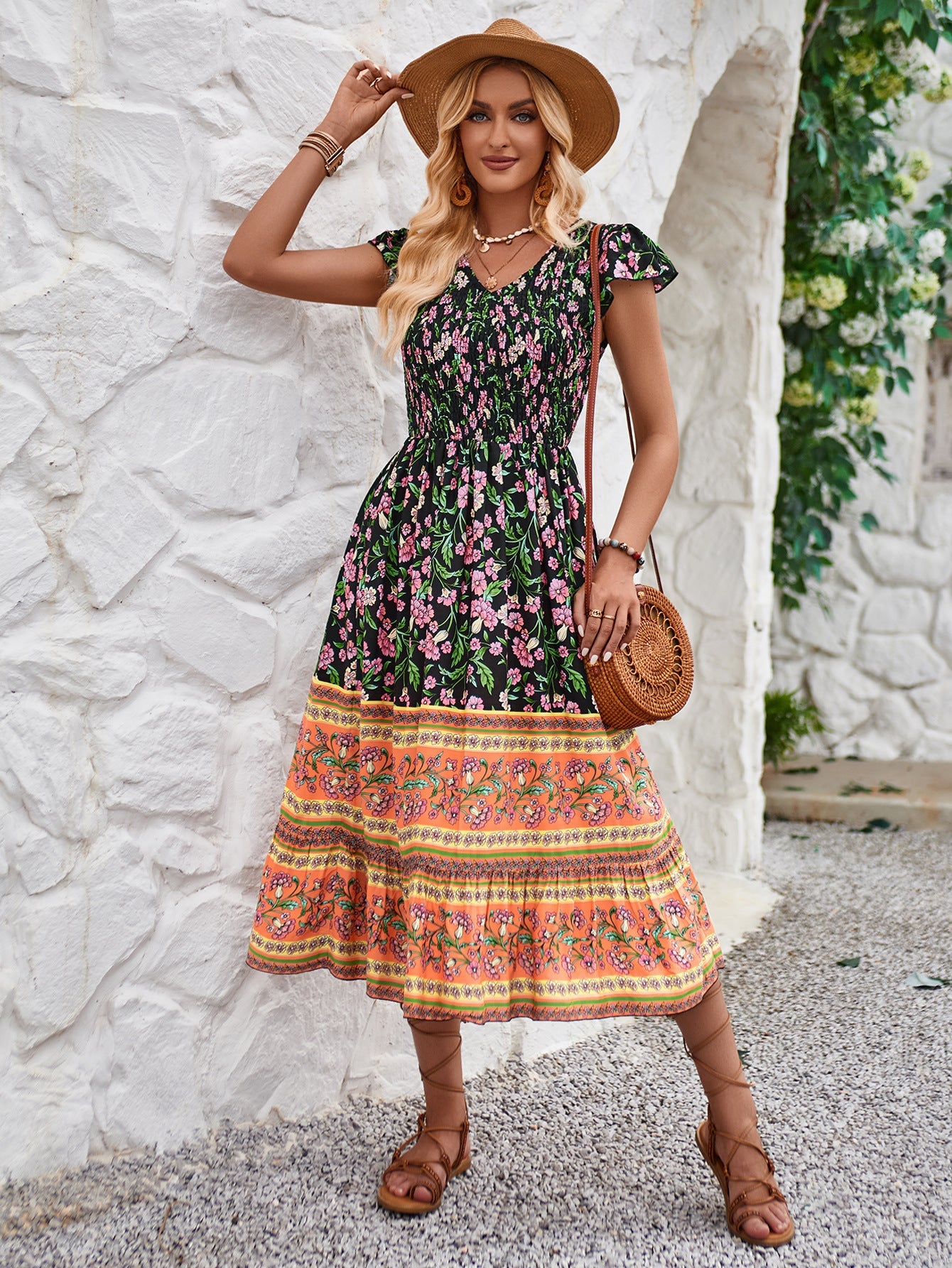 Abito boho chic con scollo a V e stampa floreale da donna - Aspie Shop